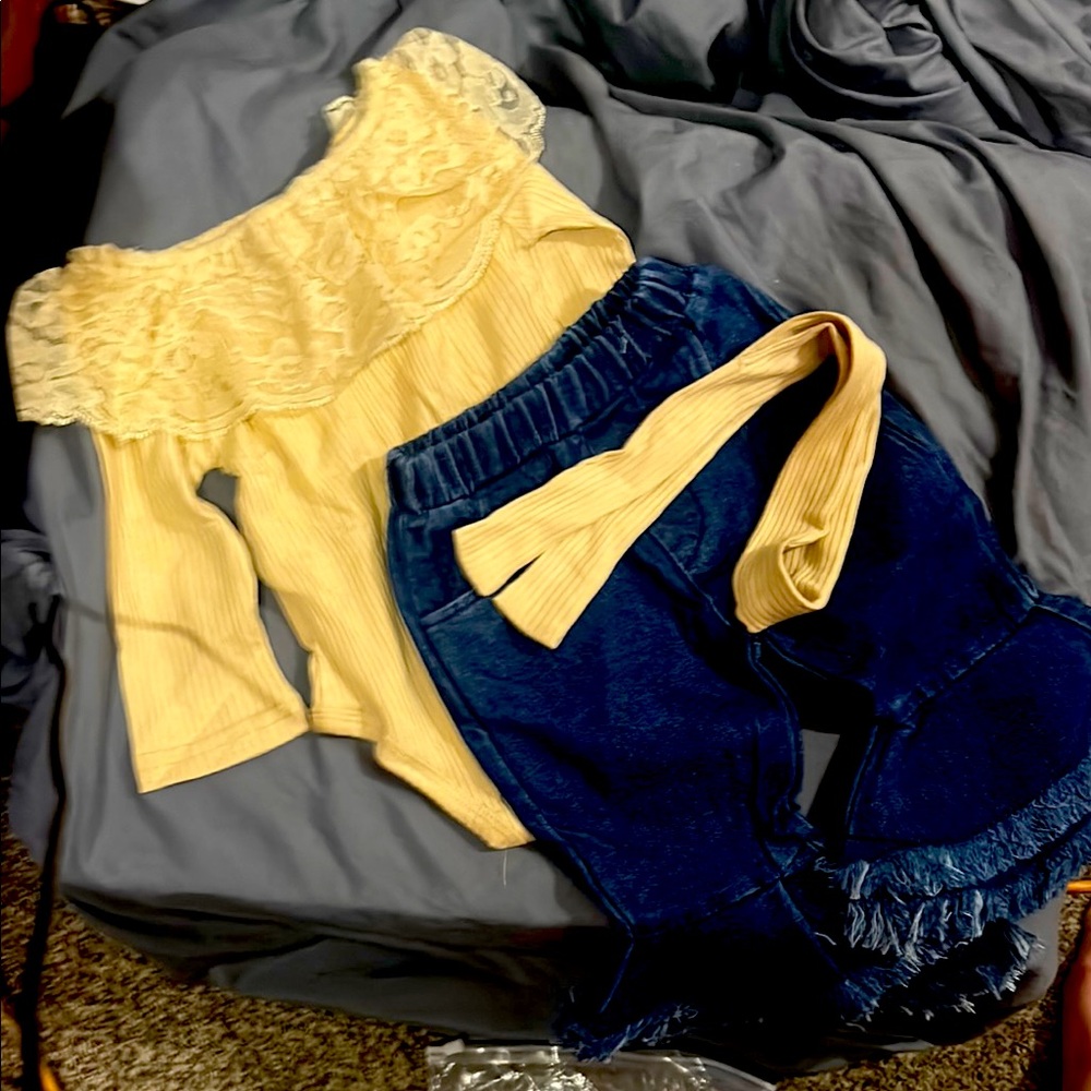 Yellow Lace Off-Shoulder Top and Blue Denim Pants Set